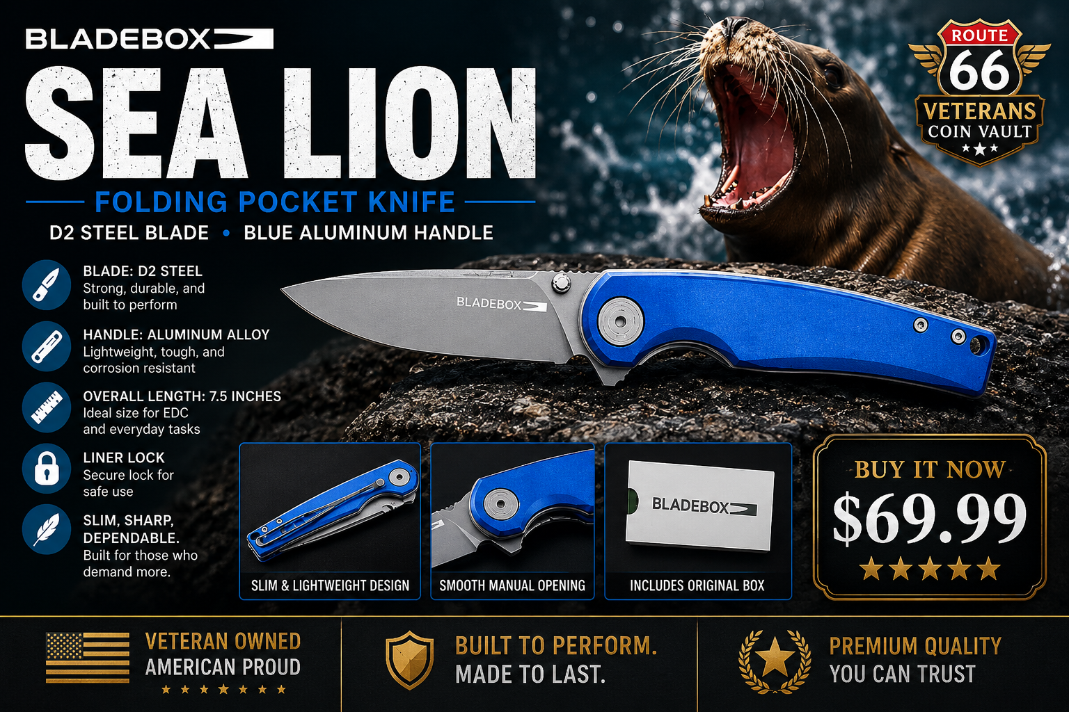 BladeBox Sea Lion Folding Pocket Knife – Blue Aluminum Handle | D2 Tool Steel