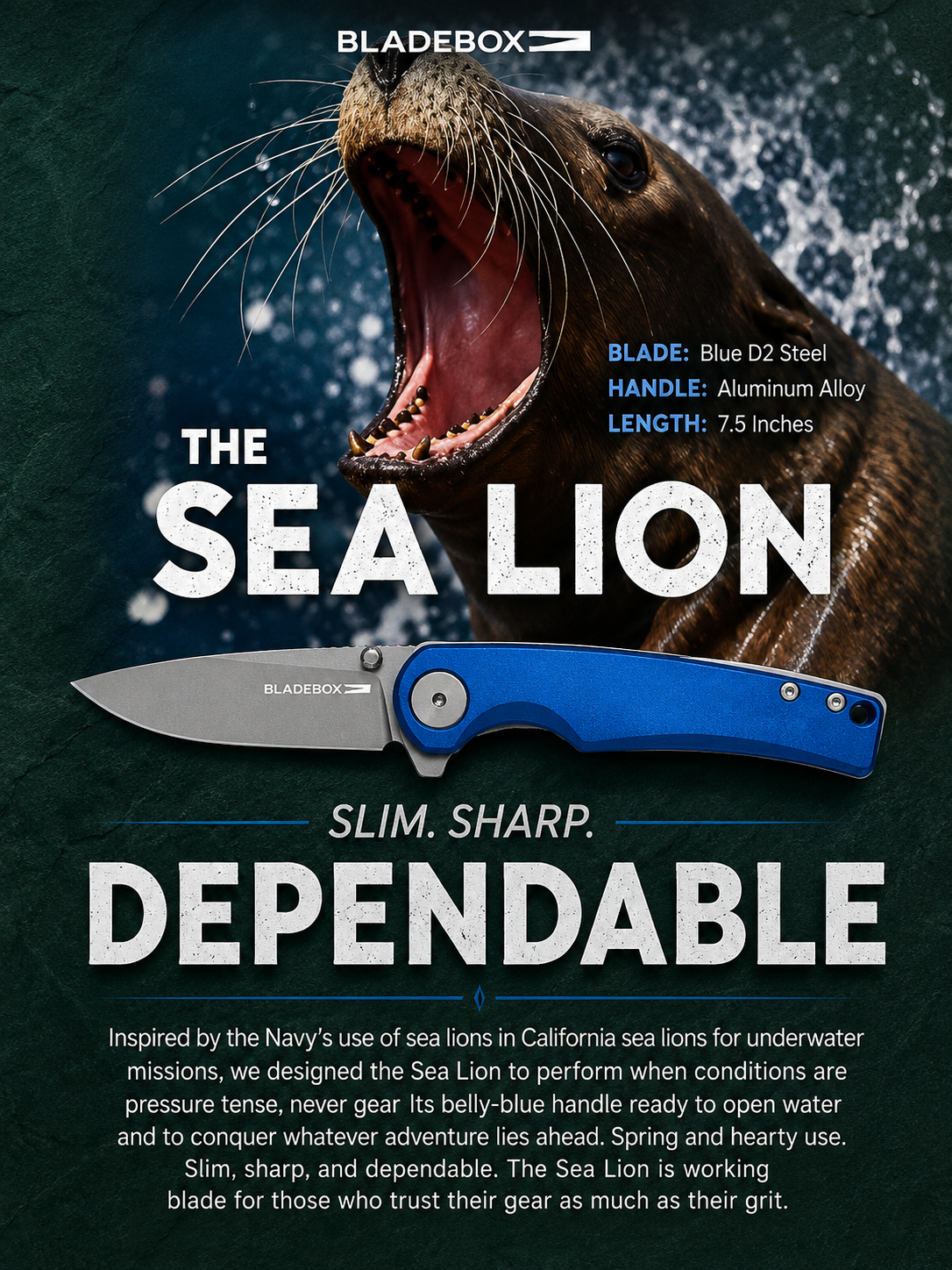 BladeBox Sea Lion Folding Pocket Knife – Blue Aluminum Handle | D2 Tool Steel
