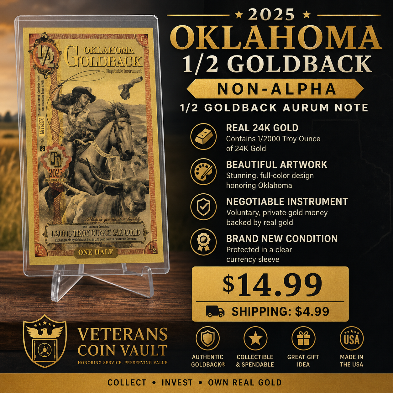 2025 Oklahoma 1/2 Goldback (Non-Alpha) | 1/2 Goldback Aurum Note | New