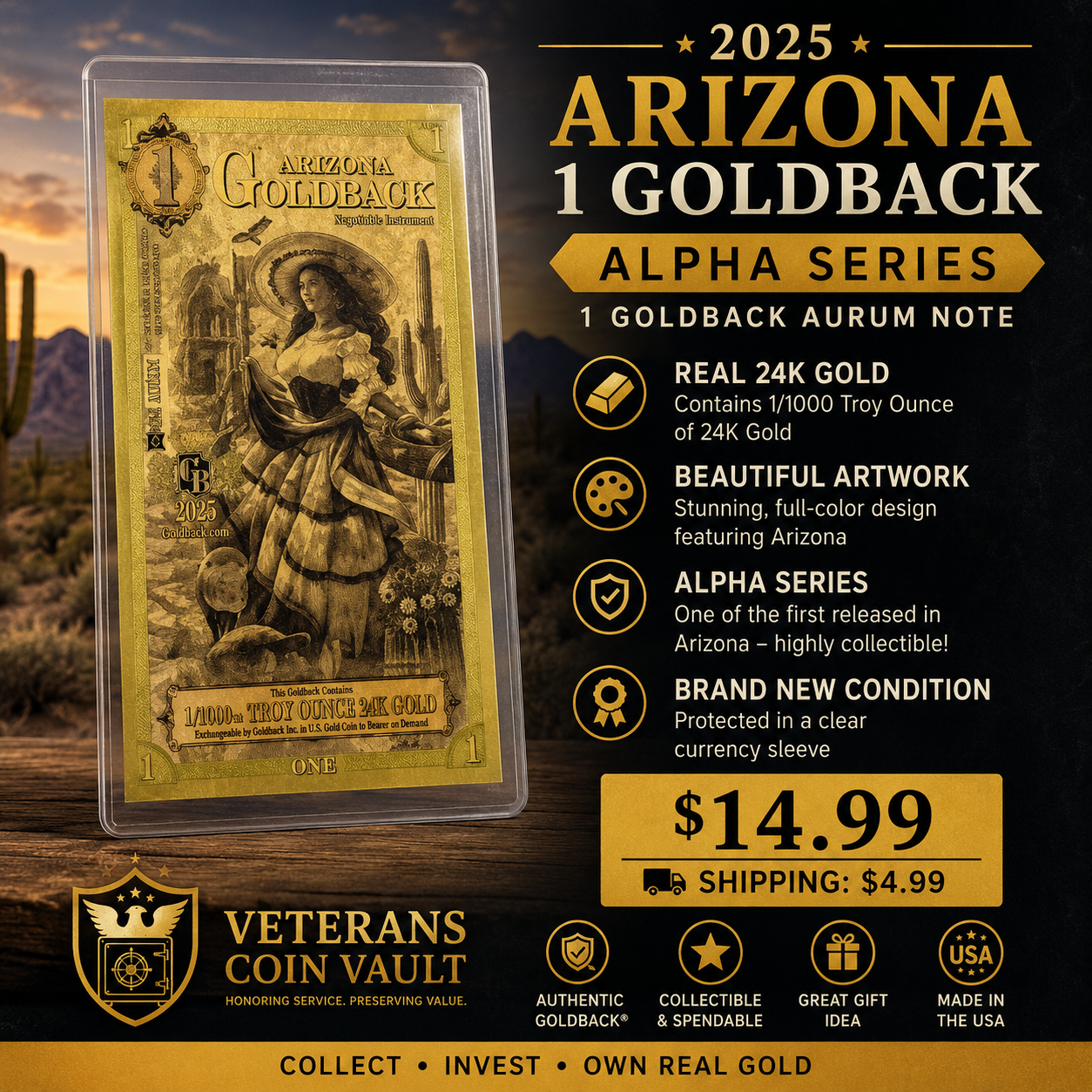 2025 Arizona 1 Goldback Alpha Series | 1 Goldback Aurum Note | Limited Alpha Edition