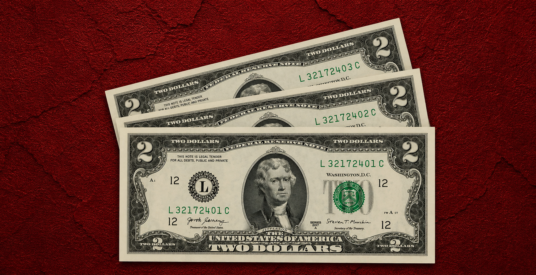 Three Consecutive 2017A $2 Federal Reserve Notes – 321 Prefix | San Francisco District | Uncirculated | $15 for 3