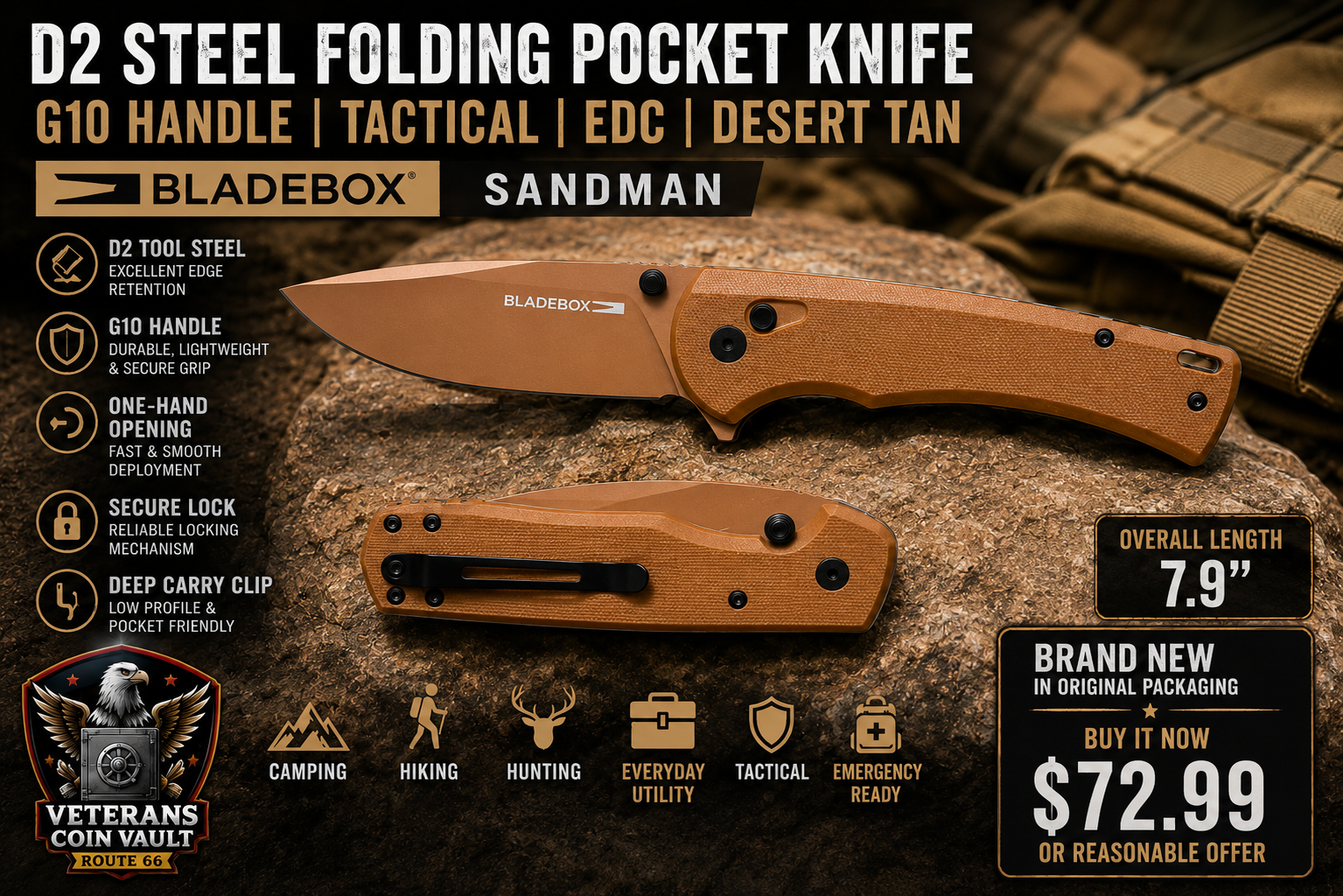 BladeBox Sandman Folding Pocket Knife | Desert Tan | D2 Steel | G10 Handle