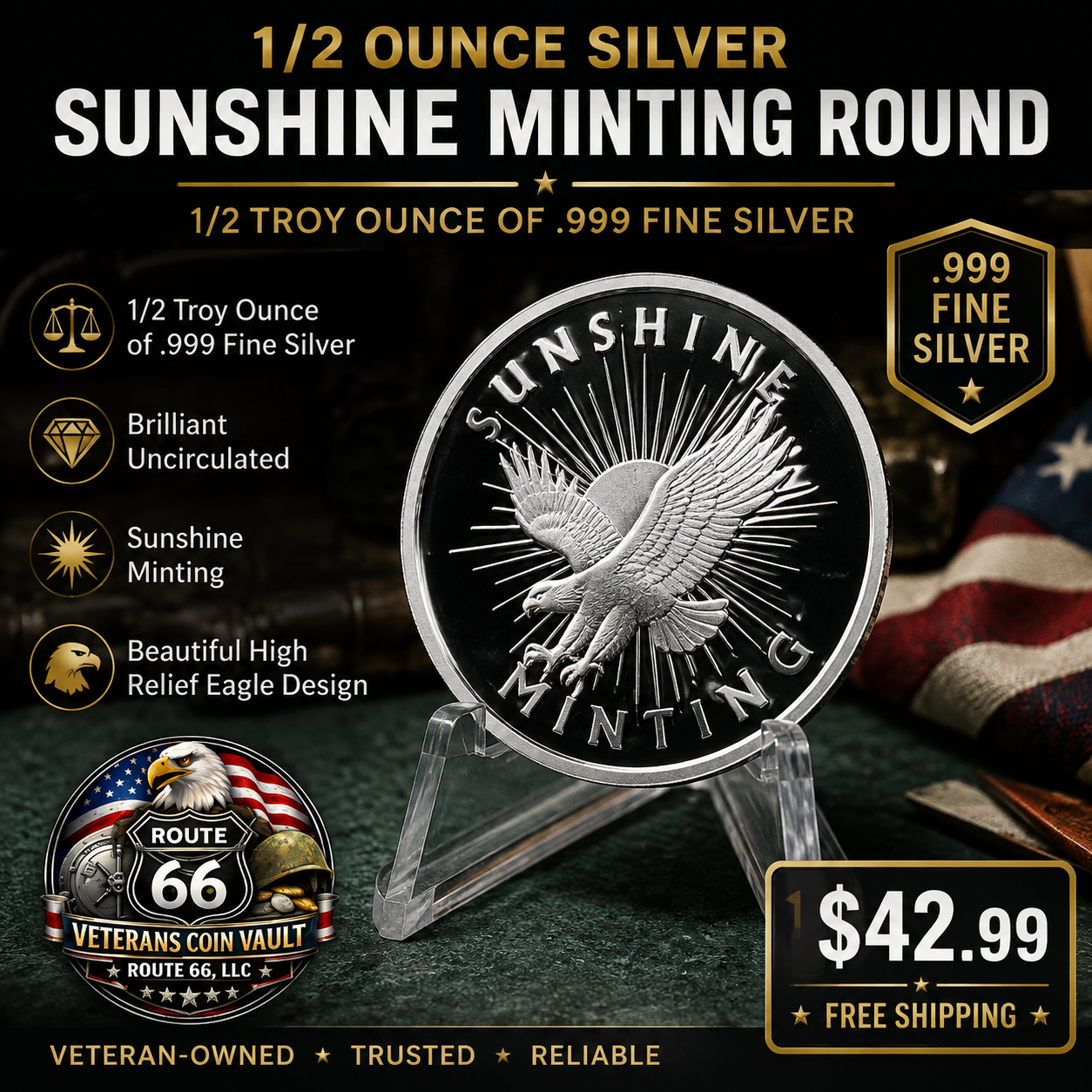1/2 Troy Ounce Sunshine Minting Silver Round – .999 Fine Silver Eagle Design