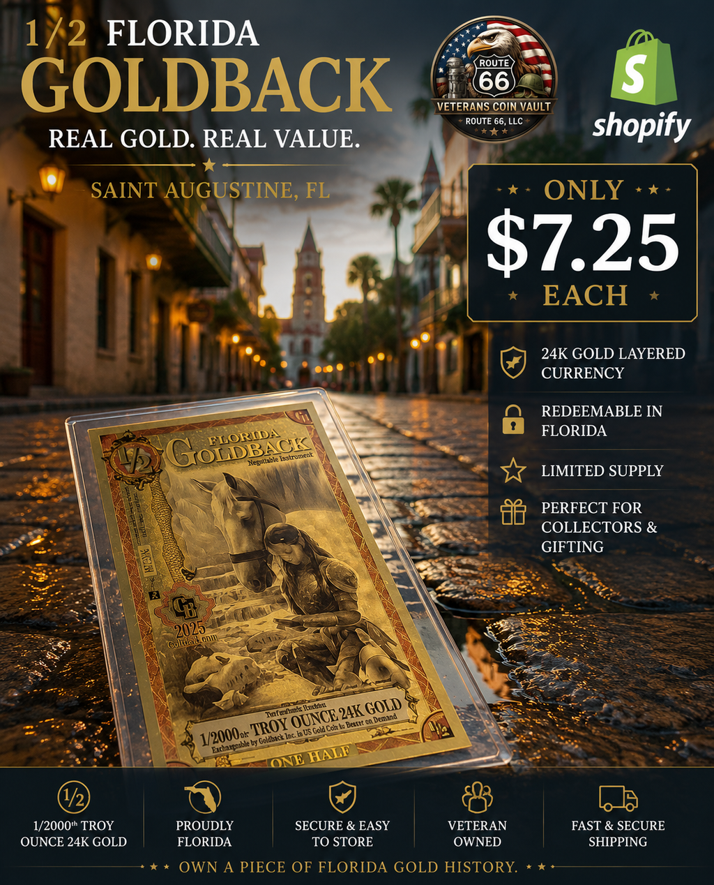 2025 1/2 Florida Goldback® | Spendable 24K Gold Currency | $7.25 Each
