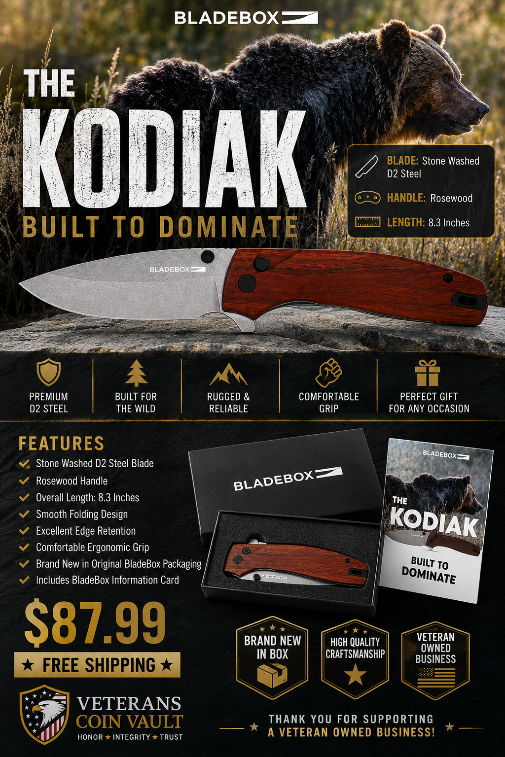 D2 Steel Folding Knife – Rosewood Handle | New in Box | Free Shipping - BladeBox - Kodiak