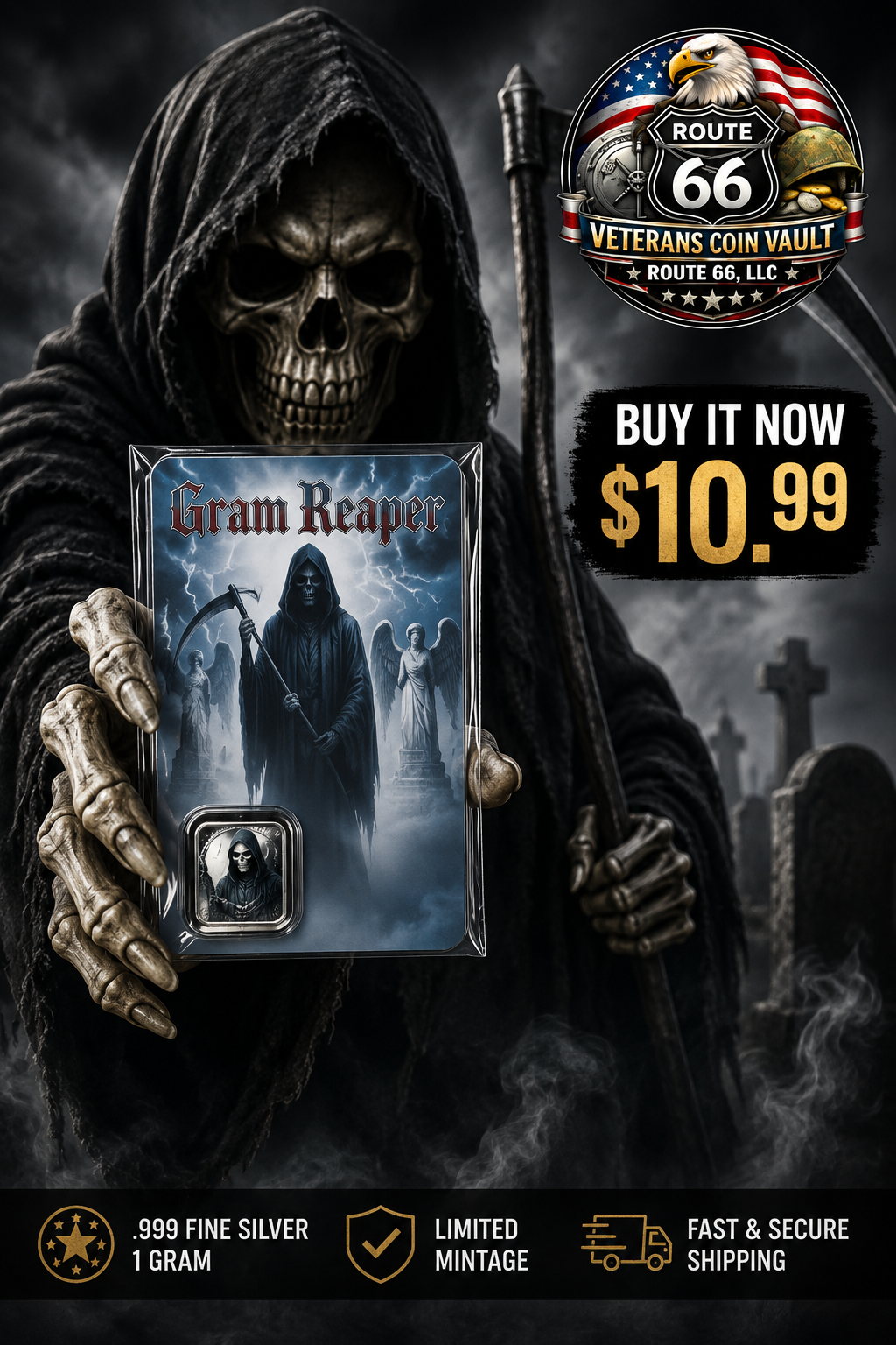 Gram Reaper 1 Gram .999 Fine Silver Collectible Bar Card