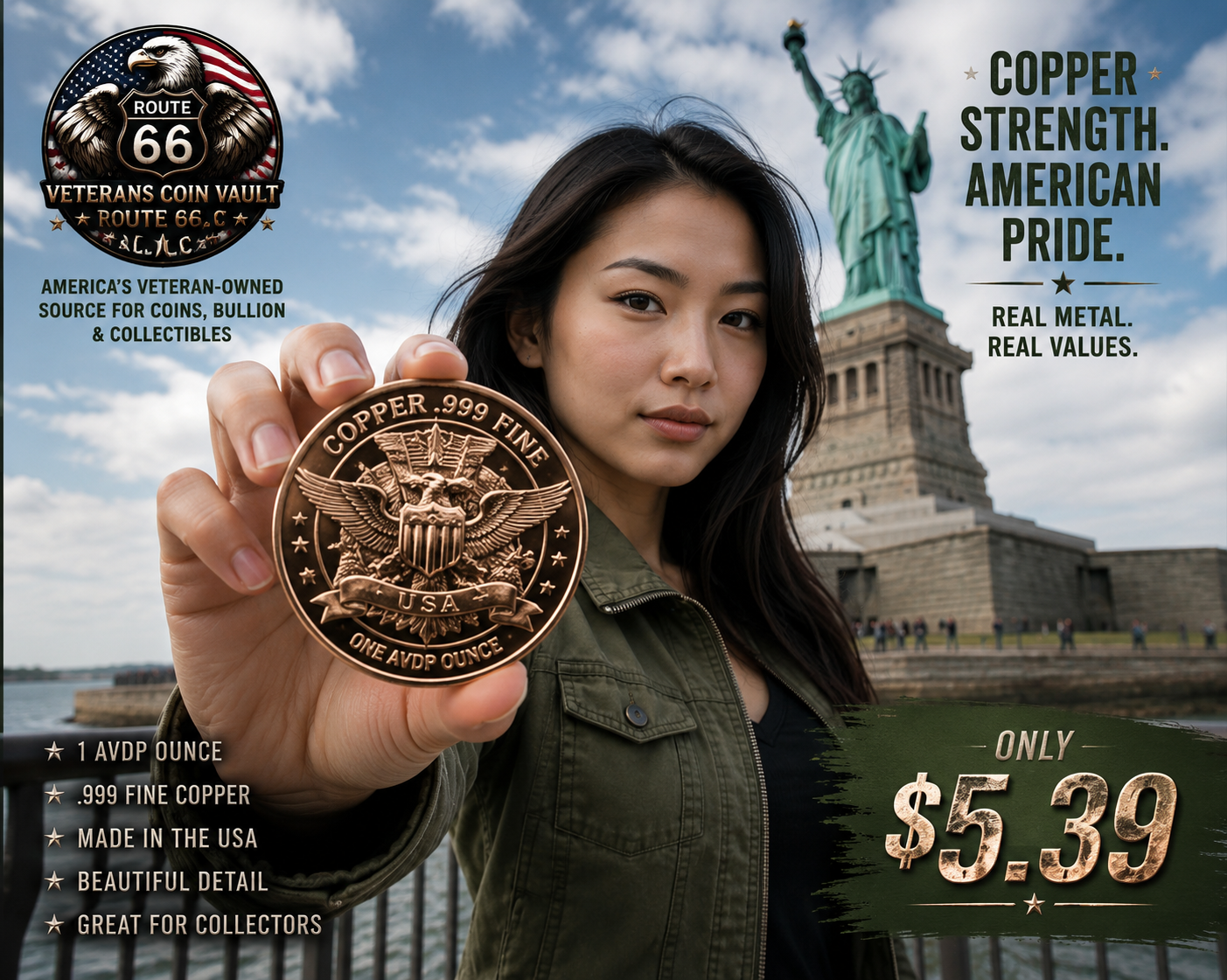 Lady Liberty 1 AVDP Ounce .999 Fine Copper Round | American Freedom Collection | USA