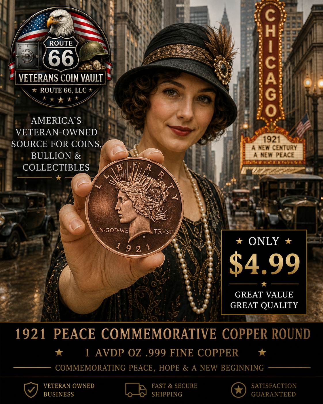1921 Peace Commemorative Copper Round – 1 AVDP Oz .999 Fine Copper – Liberty Design – Collectible Round