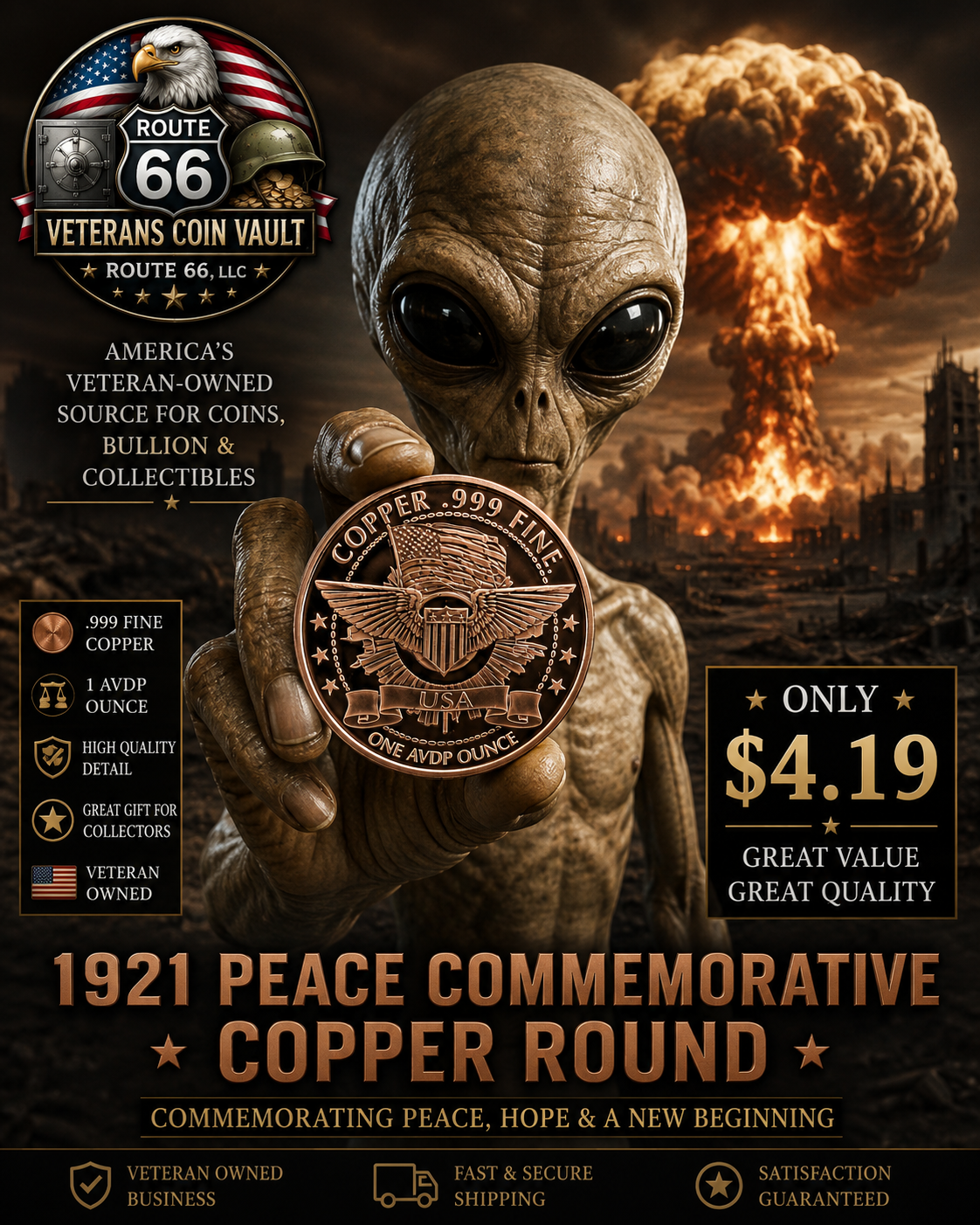 UFO "Copper .999 Fine" Copper Round – 1 AVDP Oz .999 Fine Copper – Novelty Collectible Round
