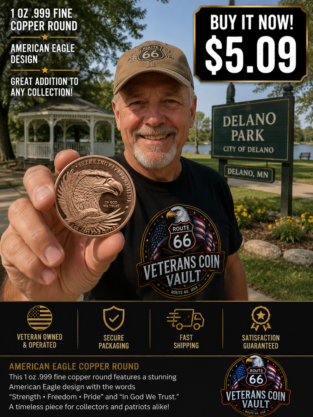 Golden State Mint American Eagle 1 oz .999 Fine Copper Round – Strength Freedom Pride – Patriotic Bullion Tribute