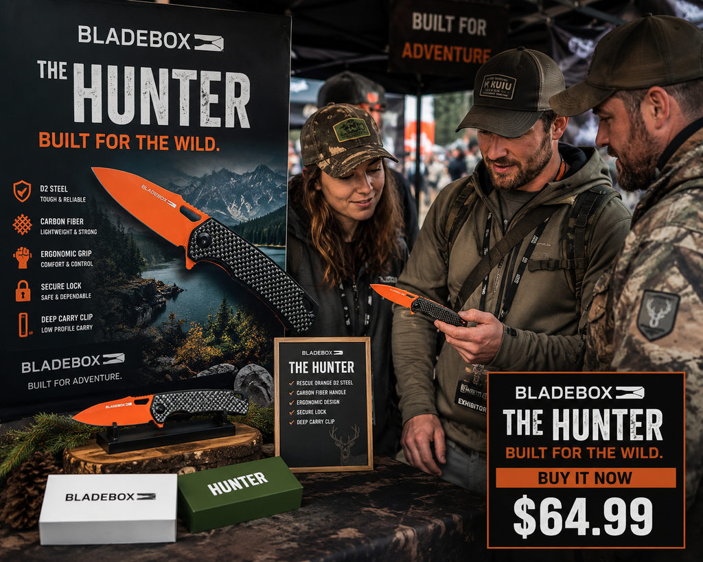 Premium D2 Steel • Carbon Fiber Handle • Brand New in Box • Orange Blade