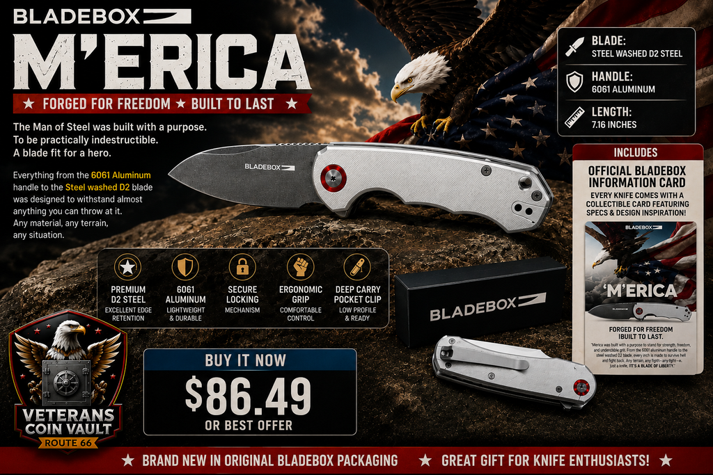 BladeBox "M'ERICA" Folding Knife | D2 Steel Blade | 6061 Aluminum Handle | Silver