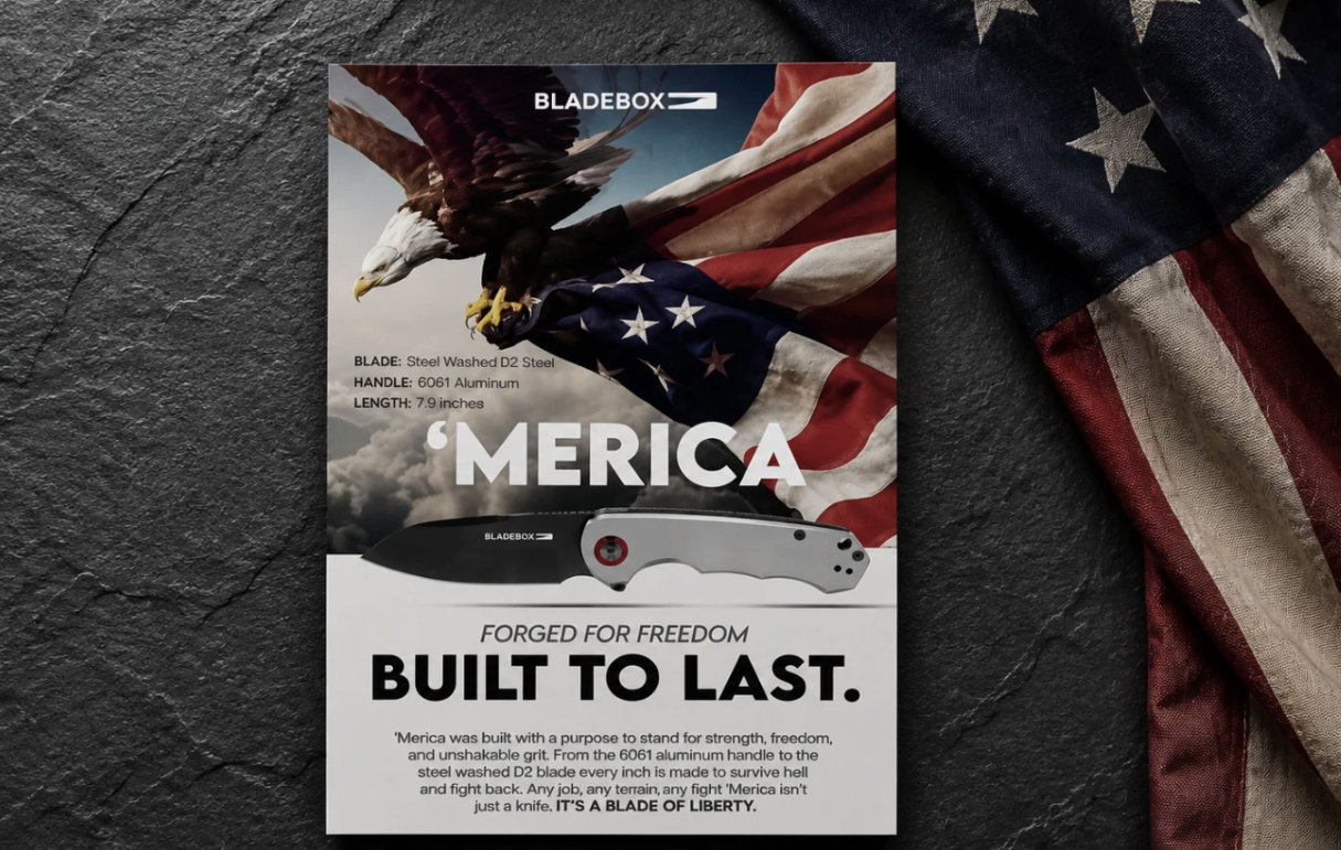 BladeBox "M'ERICA" Folding Knife | D2 Steel Blade | 6061 Aluminum Handle | Silver