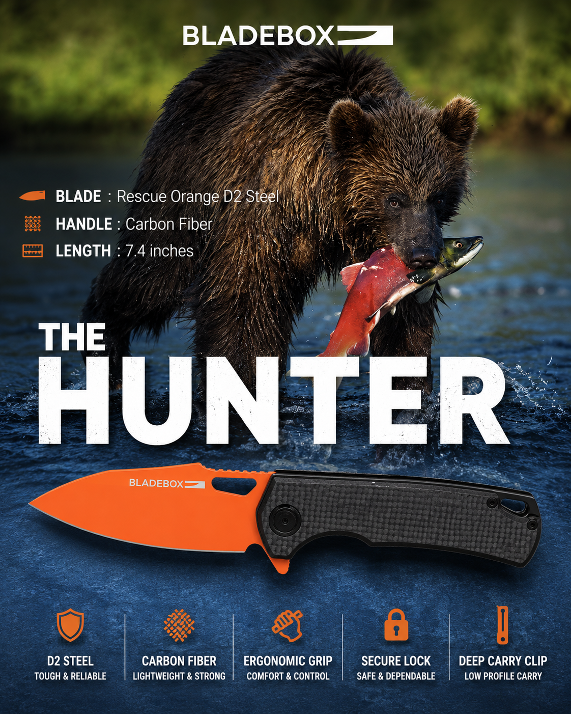 Premium D2 Steel • Carbon Fiber Handle • Brand New in Box • Orange Blade