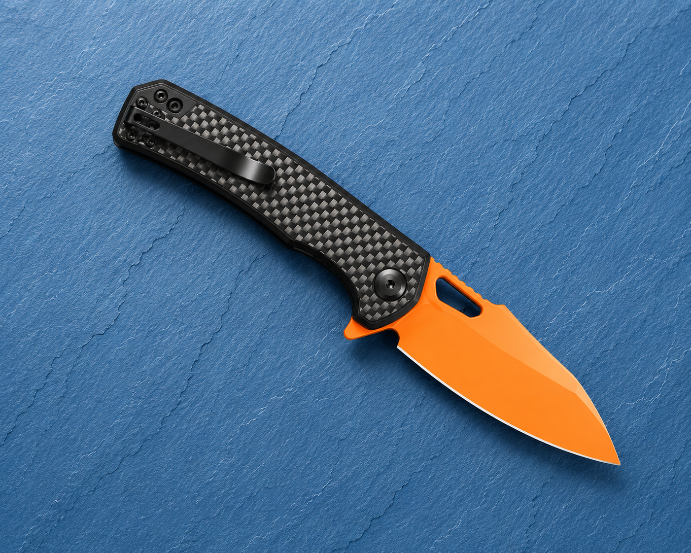 Premium D2 Steel • Carbon Fiber Handle • Brand New in Box • Orange Blade