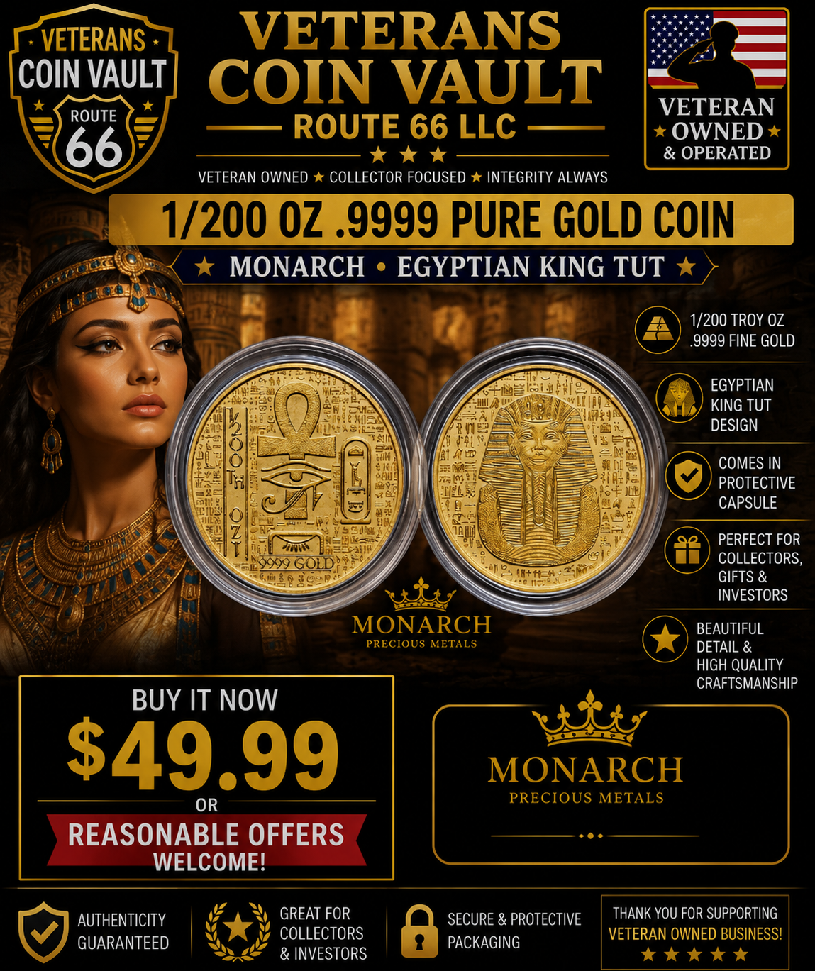 1/200 oz .9999 Pure Gold Egyptian King Tut Coin Round in Capsule – Monarch
